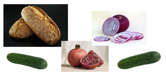 cucumbers, onions, pomegranate, and bread