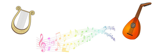 harp, lute, musical notes