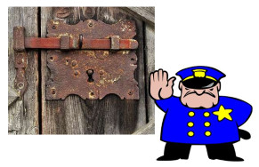 Policeman guarding locked door