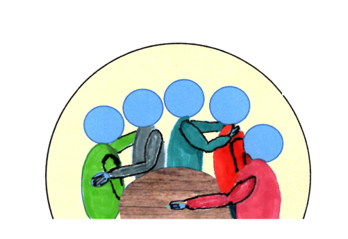 five men fellowshipping around a table